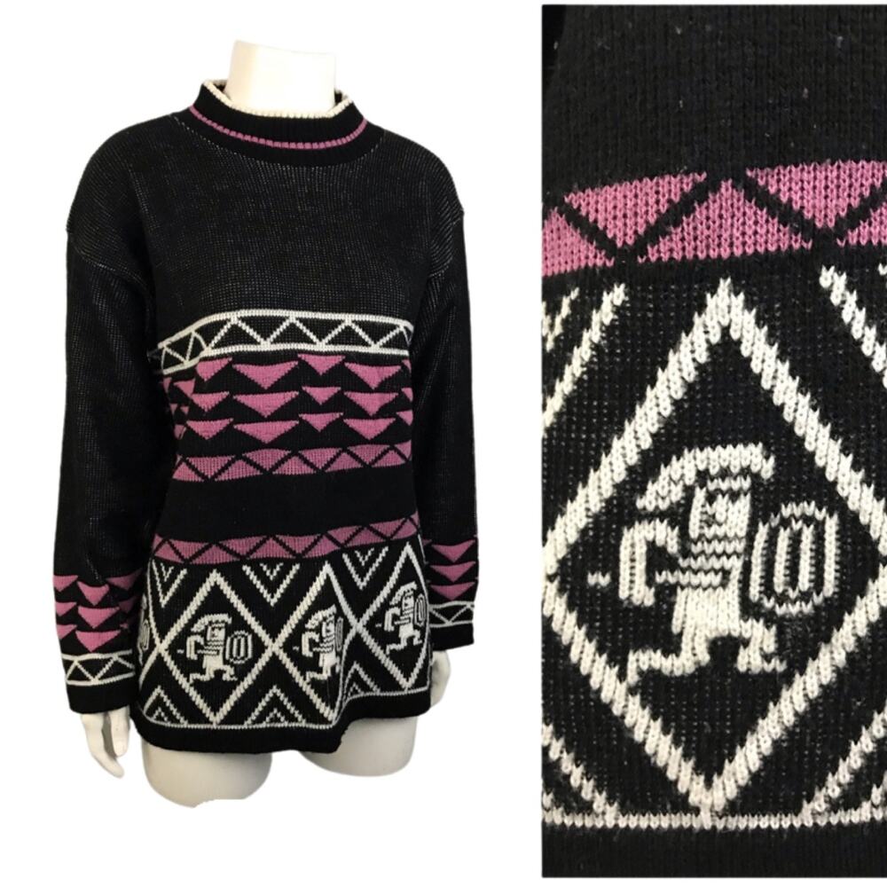 Vintage Graphic Knit Sweater Southwestern Mock-neck Black Pink M -